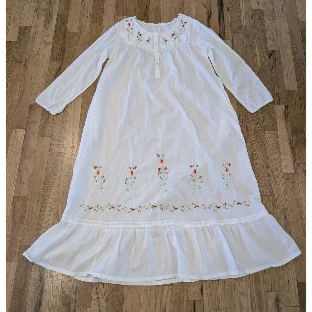 La Cera Long White Nightgown With Embroidery Embellishments Large 100% Cotton - Picture 2 of 16